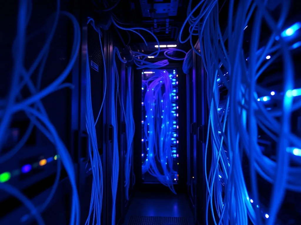 High-tech server room with glowing blue and purple fiber opt