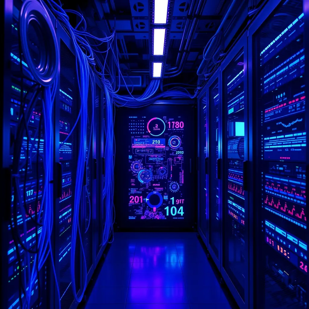High-tech server room with glowing blue and purple fiber opt