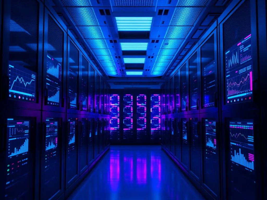 A high-tech university server room with blue and purple glow